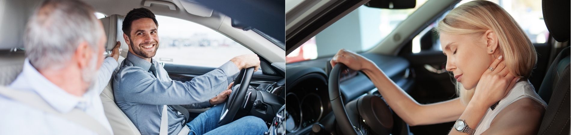 Collage mit zwei Männern im Auto bei der Einstellung der Kopfstütze und einer Autofahrerin mit Hand am Nacken im Auto.